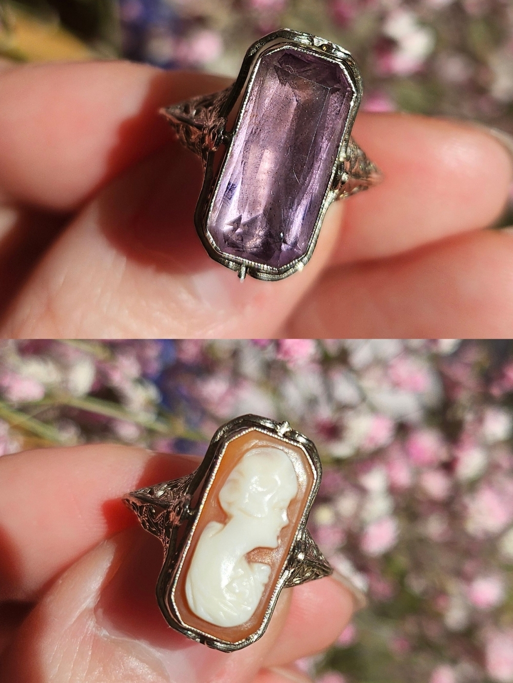 14K White Gold Antique Amethyst and Cameo Flip Ring